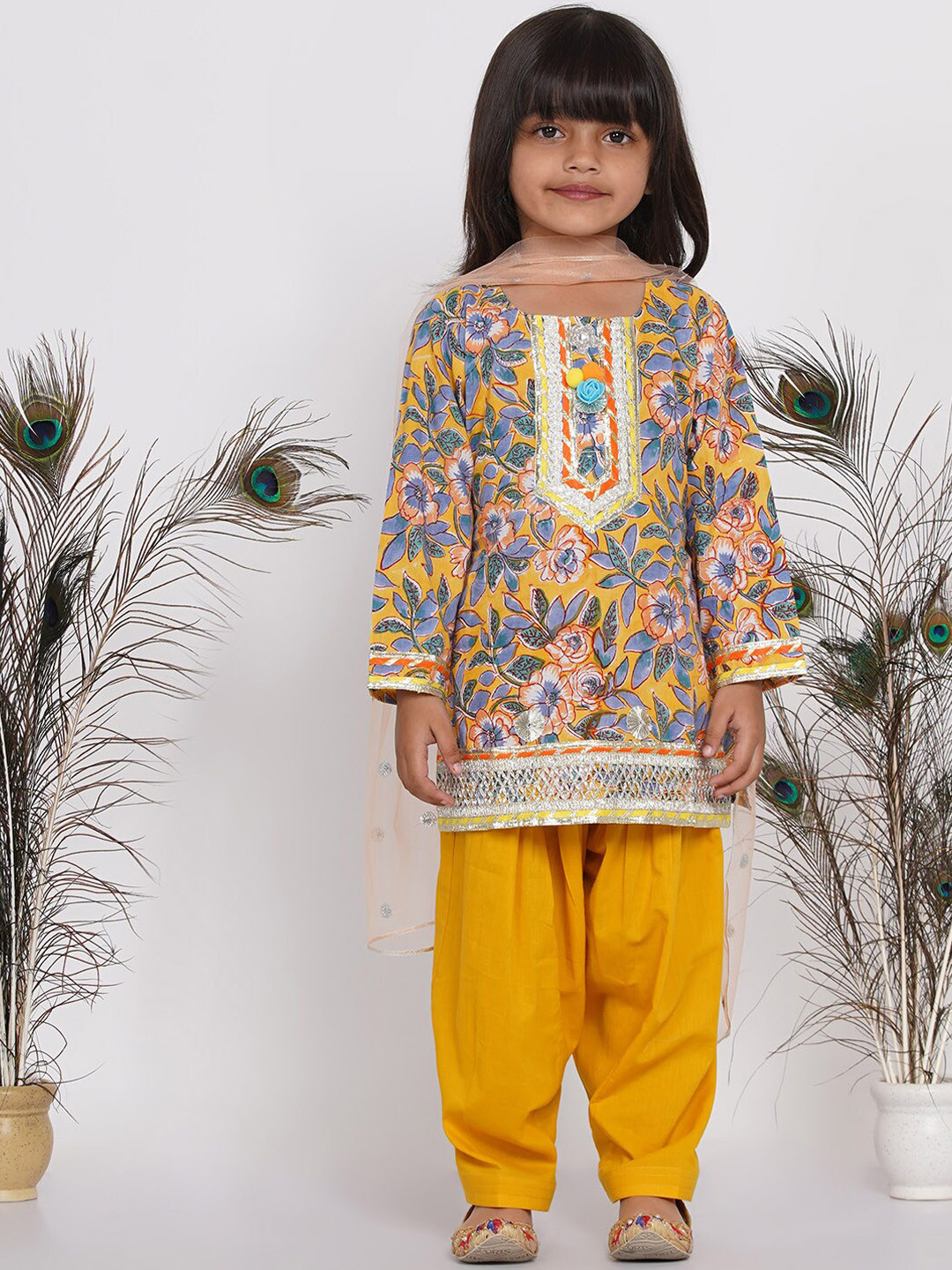 Little Bansi Girls Yellow Floral Printed Kurti with Salwar & With Dupatta