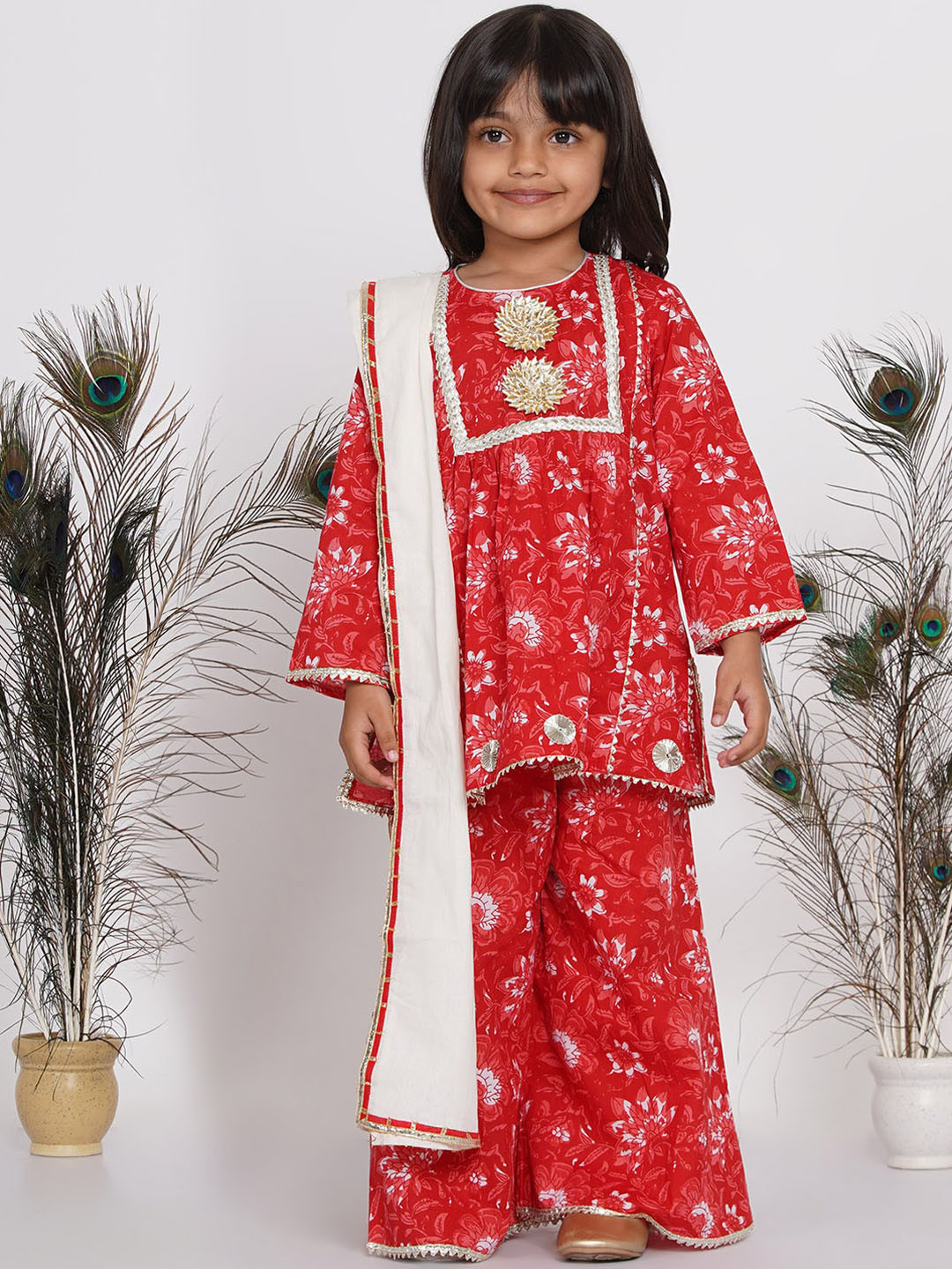Little Bansi Girls Red & White Floral Printed Kurta with Palazzos & With Dupatta