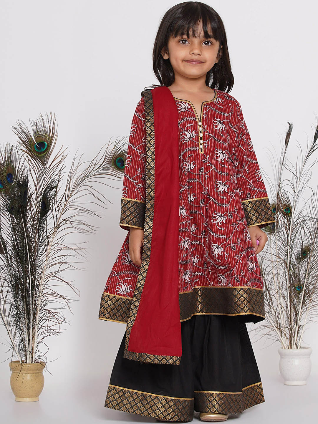Little Bansi Girls Maroon & Black Floral Printed Kurta with Skirt & With Dupatta
