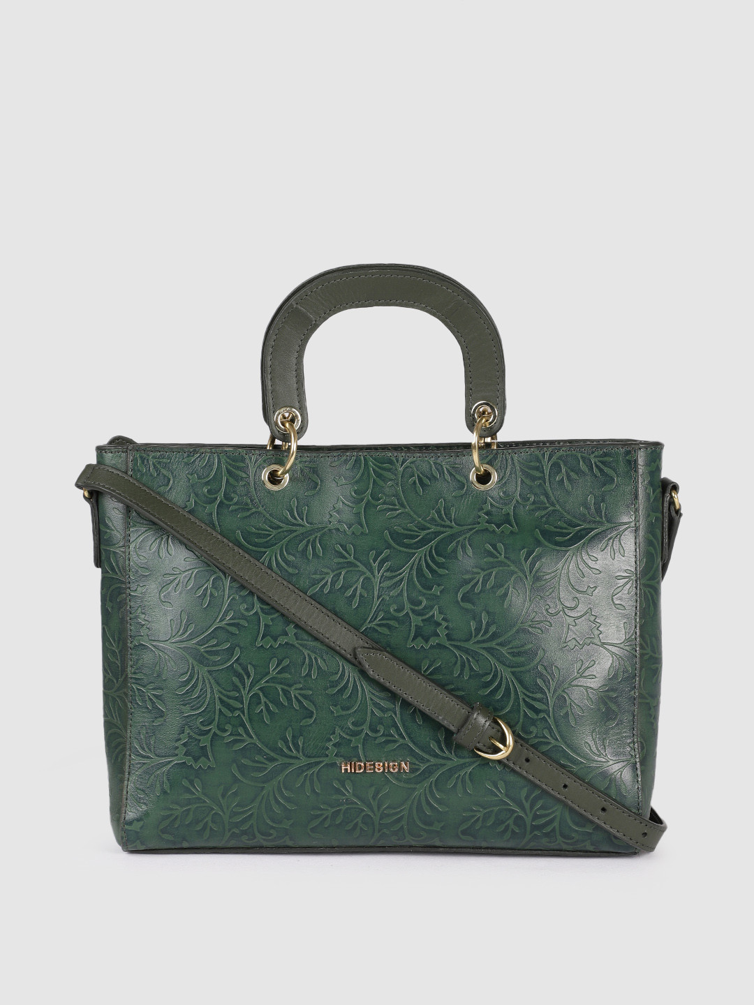 Hidesign Green Floral Textured Leather Structured Handheld Bag