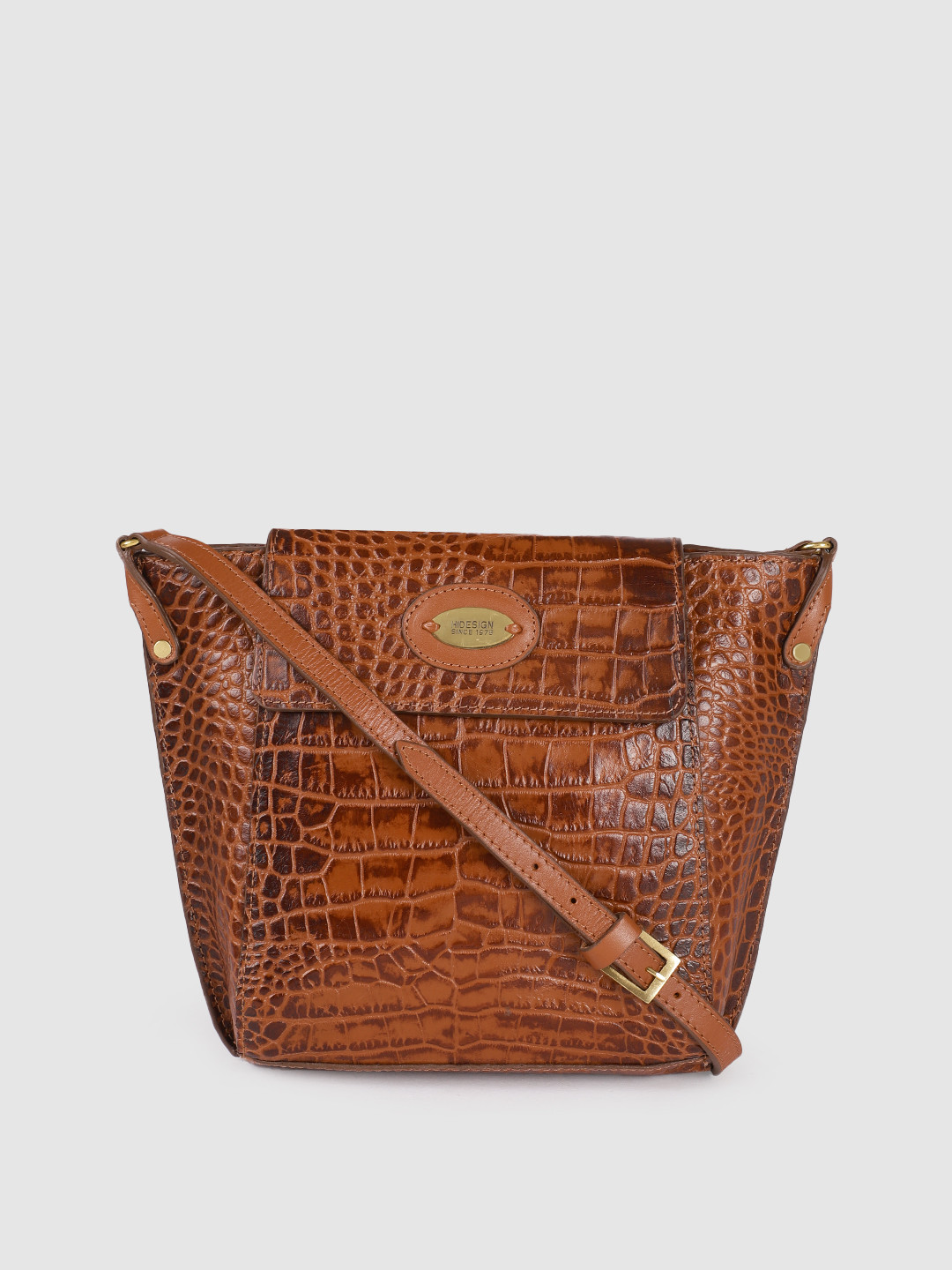 Hidesign Tan Animal Textured Leather Structured Sling Bag