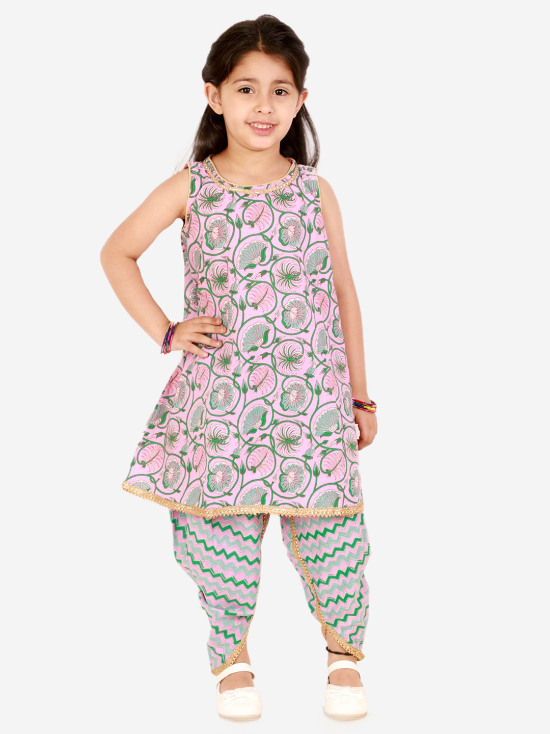 Superminis Girls Pink Floral Printed Panelled Pure Cotton Kurti with Salwar