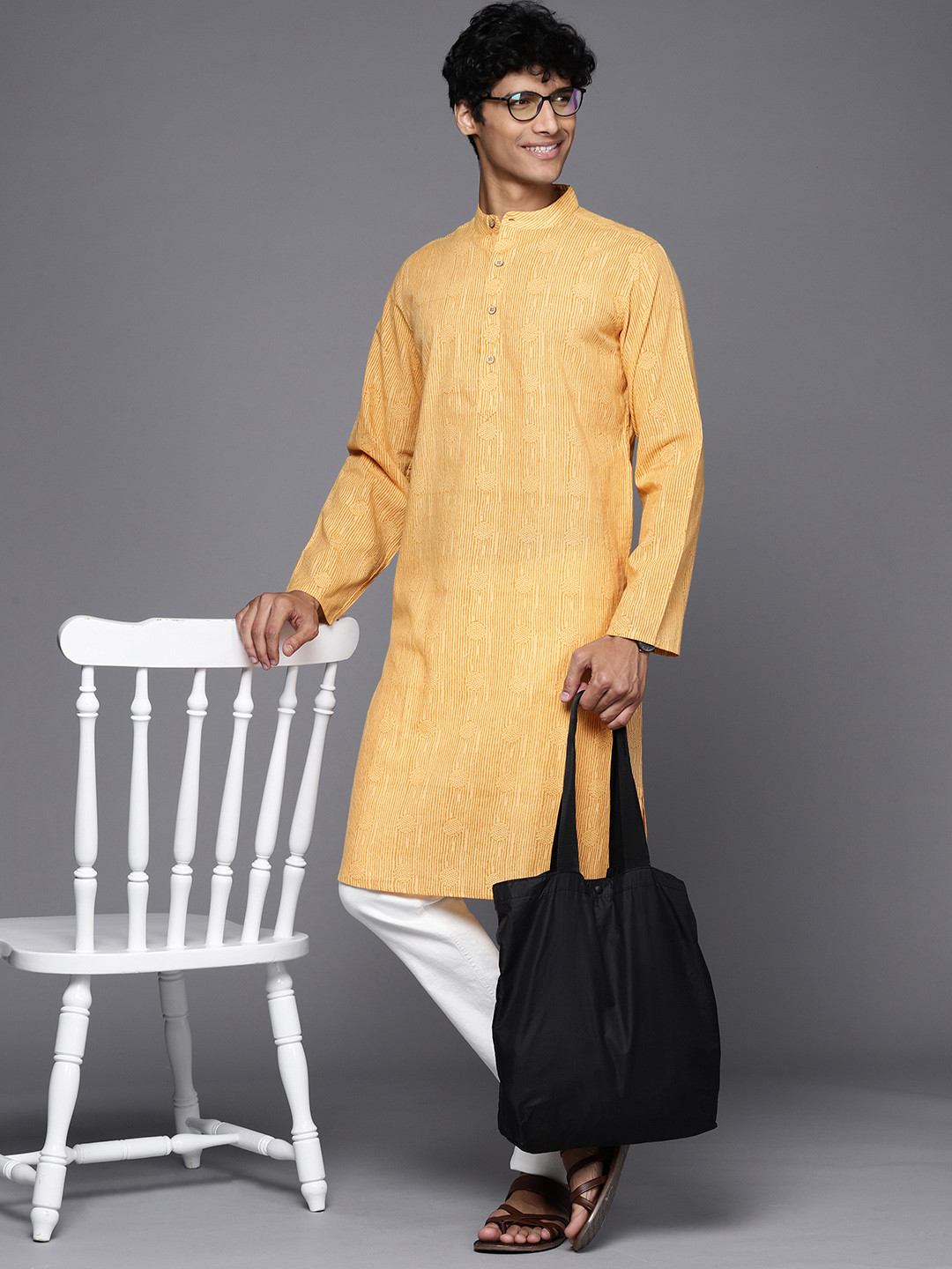 Buy Fabindia Men Mustard Yellow Ethnic Motifs Printed Kurta