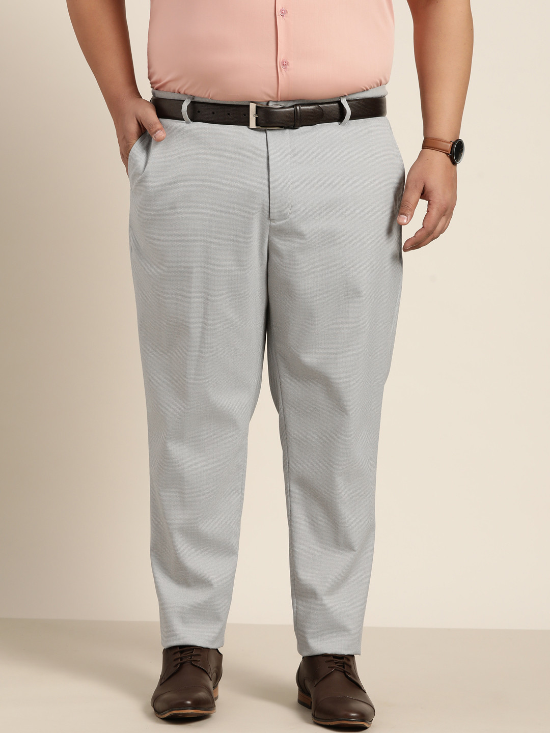 Sztori Men Plus Size Grey Solid Formal Trousers