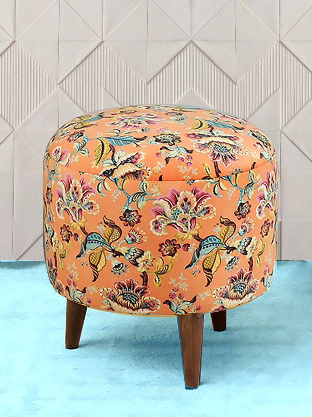 GLOBALLY INDIAN Orange Printed Cylindrical Puff in Sheesham Wood Ottoman