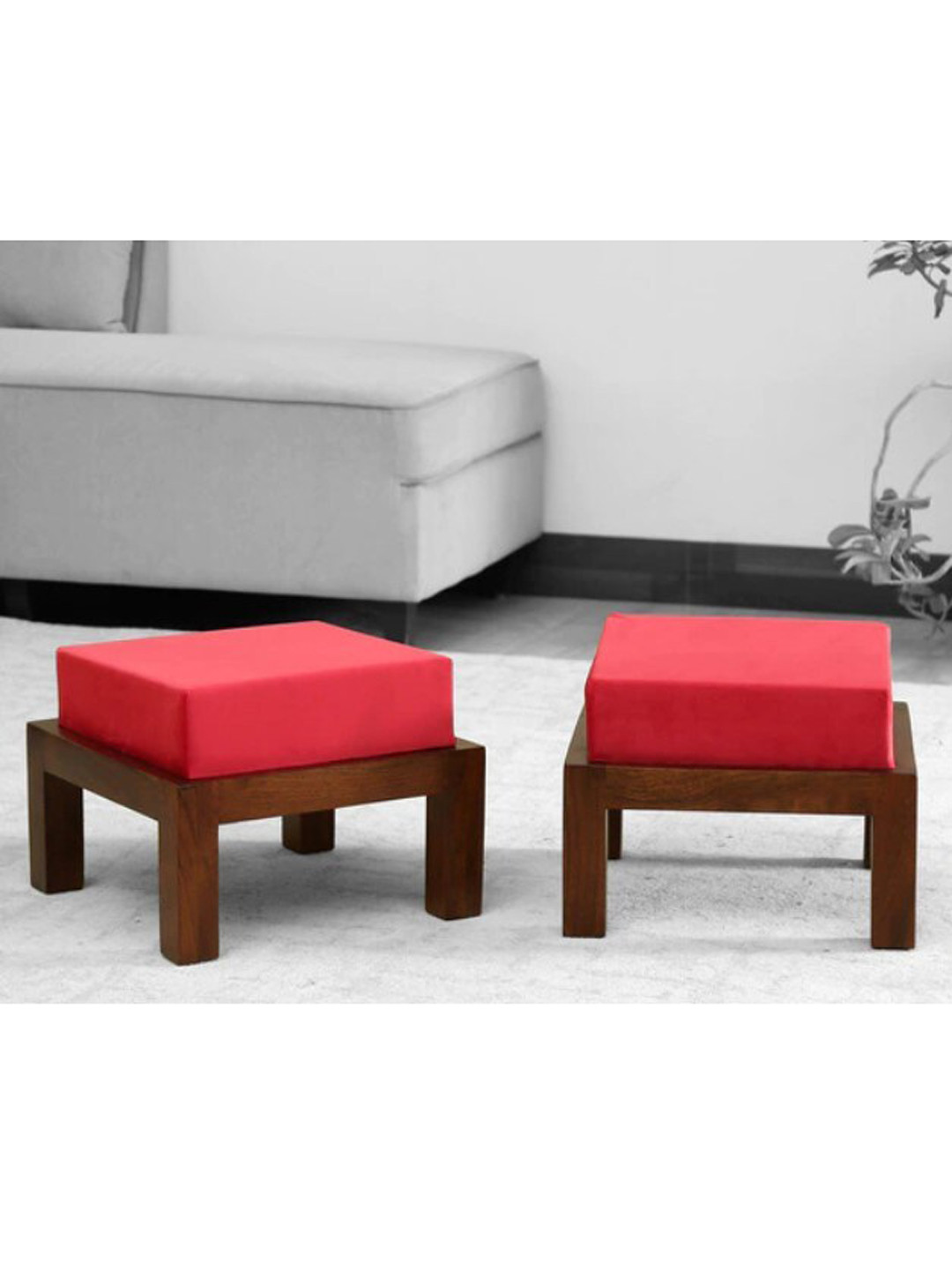 GLOBALLY INDIAN Set Of 2 Red Low-Heighted Acacia Wood Ottoman