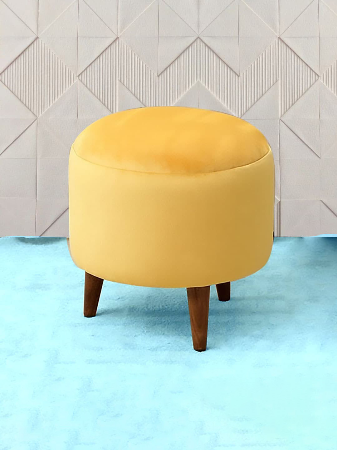 GLOBALLY INDIAN Yellow Round Puff Wooden Ottoman