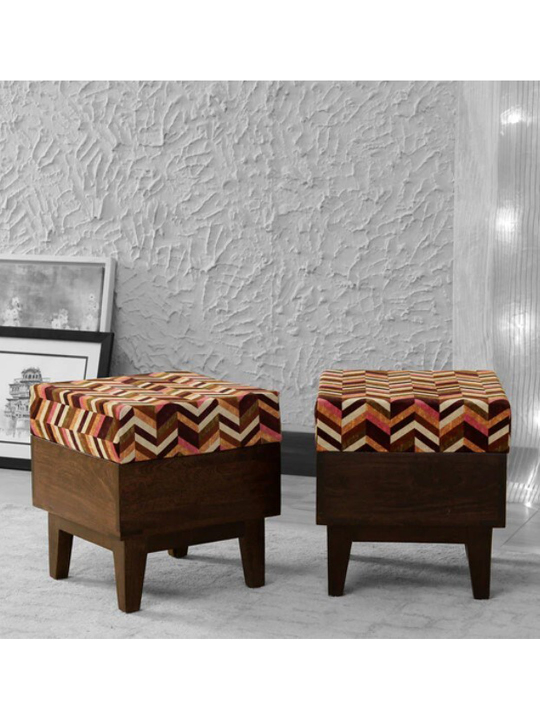Globally Indian Set of 2 Multi-Coloured Mango Wood Ottoman