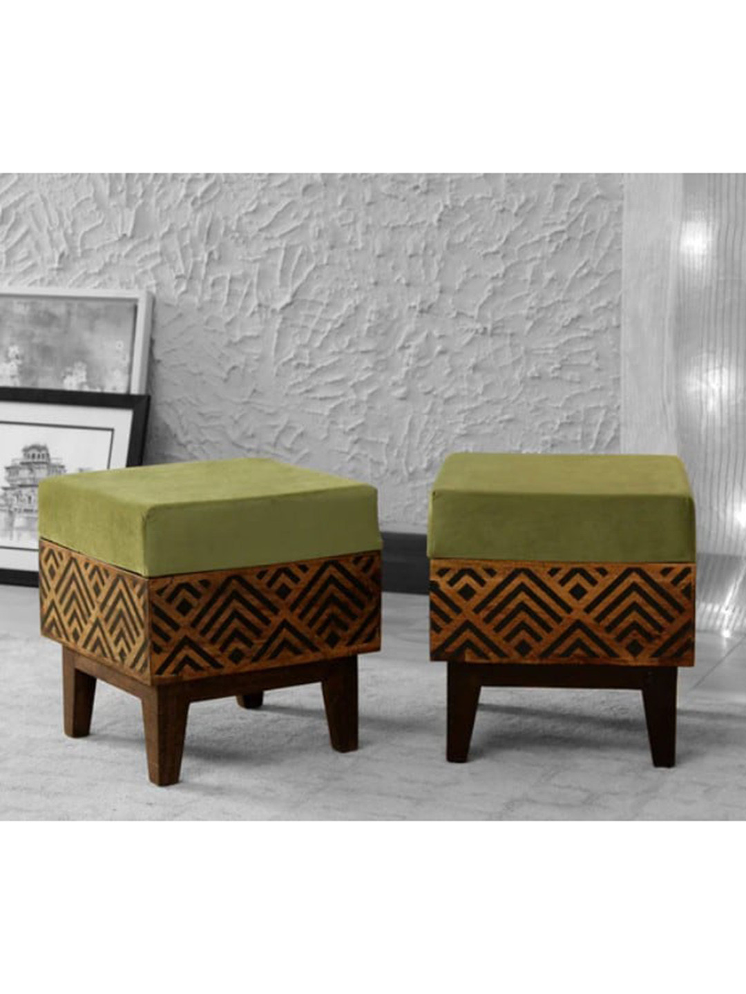 GLOBALLY INDIAN Green Wooden Ottoman/ Stool