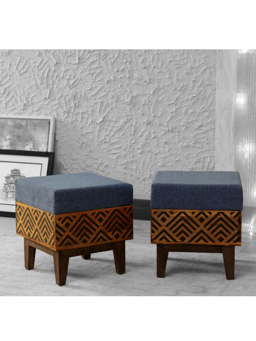 GLOBALLY INDIAN Set Of 2 Navy Blue Printed Square Mango Wood Ottoman