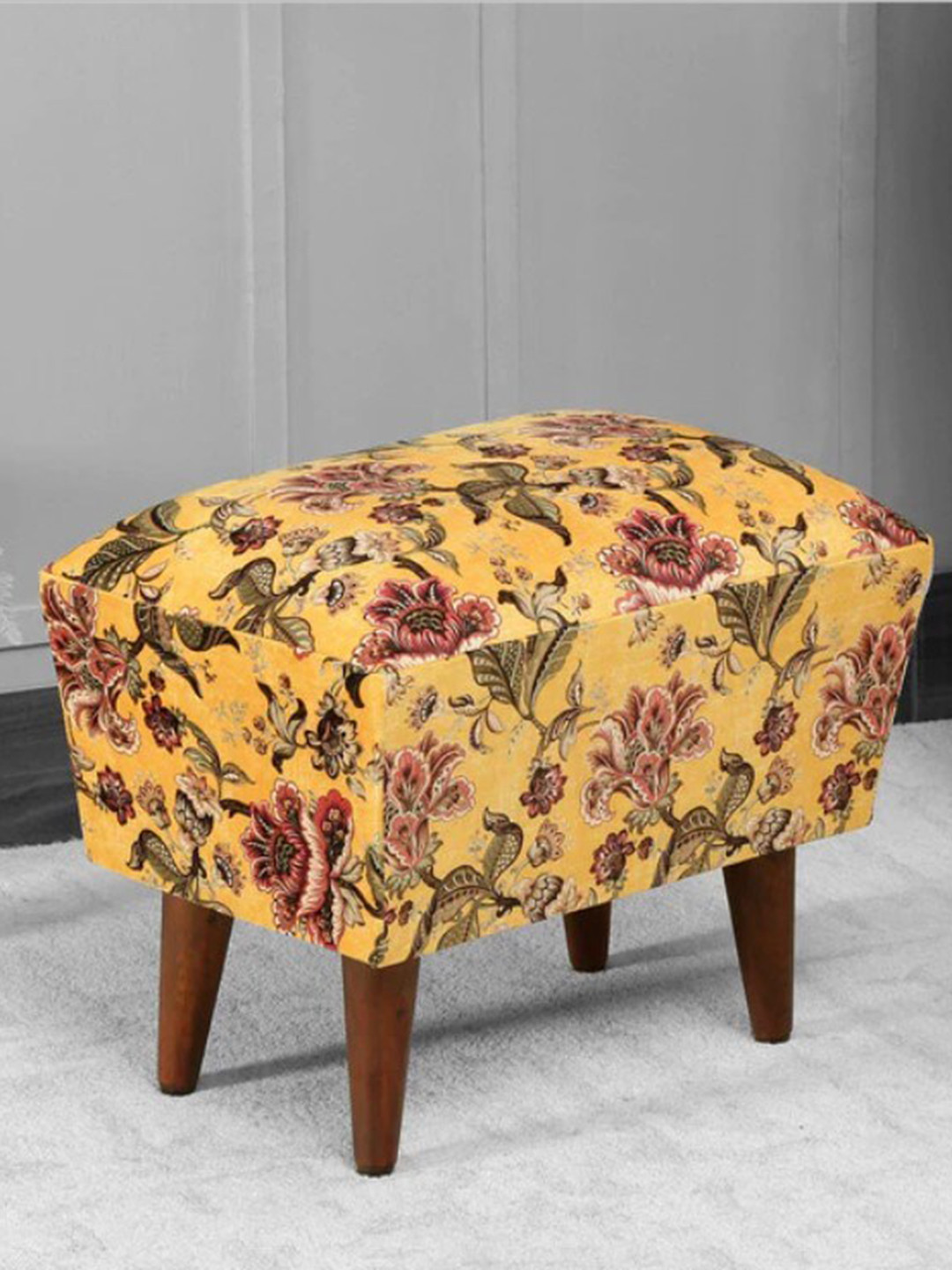 GLOBALLY INDIAN Yellow Floral Rectangular Puff Acacia Wood Ottomans