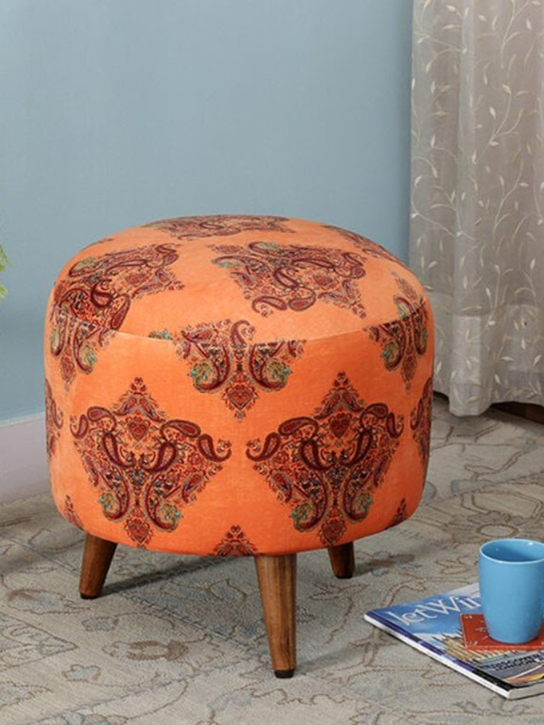 GLOBALLY INDIAN Orange Printed Cylindrical Puff in Sheesham Wood Ottoman