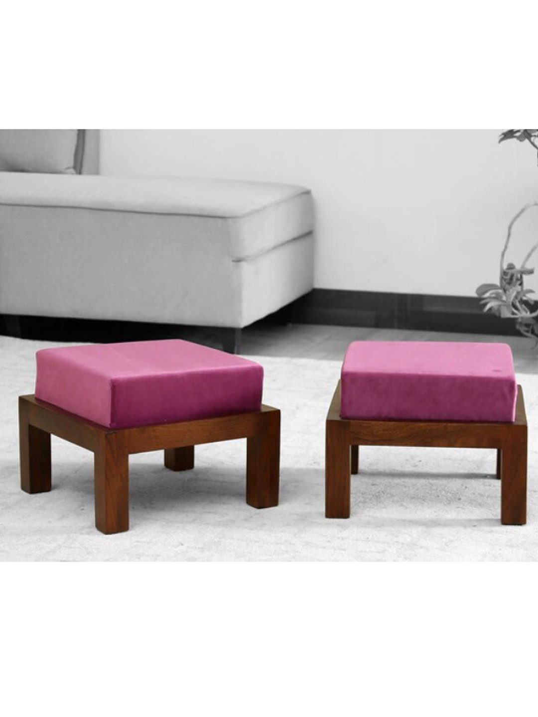 GLOBALLY INDIAN Set of 2 Purple & Brown Low-Heighted Acacia Wood Stools