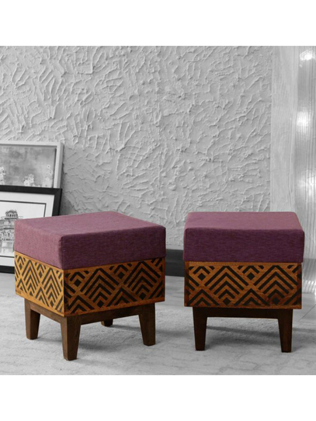 GLOBALLY INDIAN Purple Printed Low-Heighted Mango Wood Ottoman