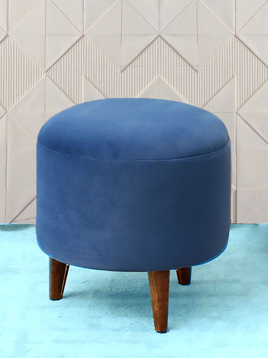 GLOBALLY INDIAN Navy Blue Solid Wooden Ottoman