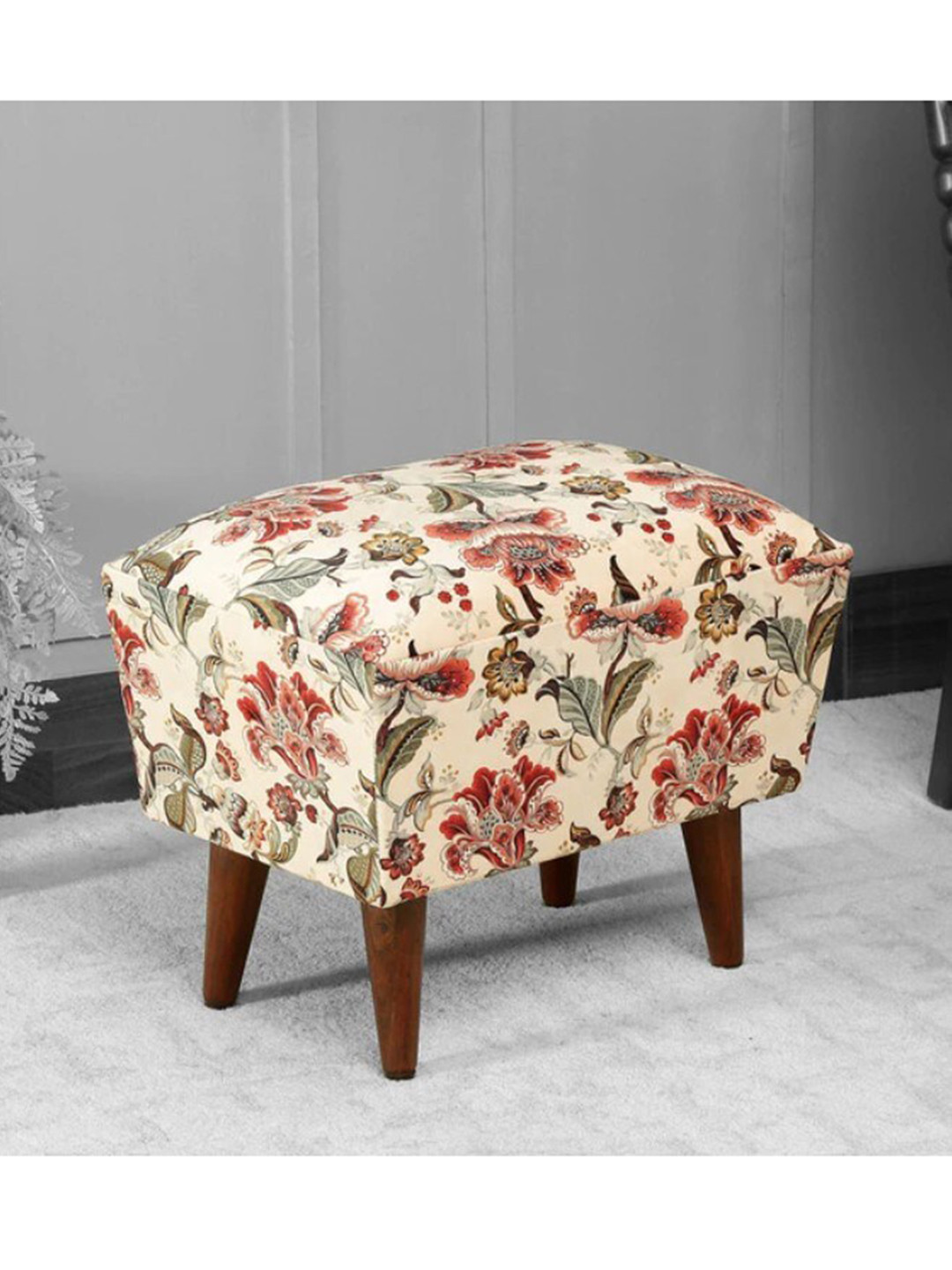 GLOBALLY INDIAN Off White & Red Printed Wooden Ottoman
