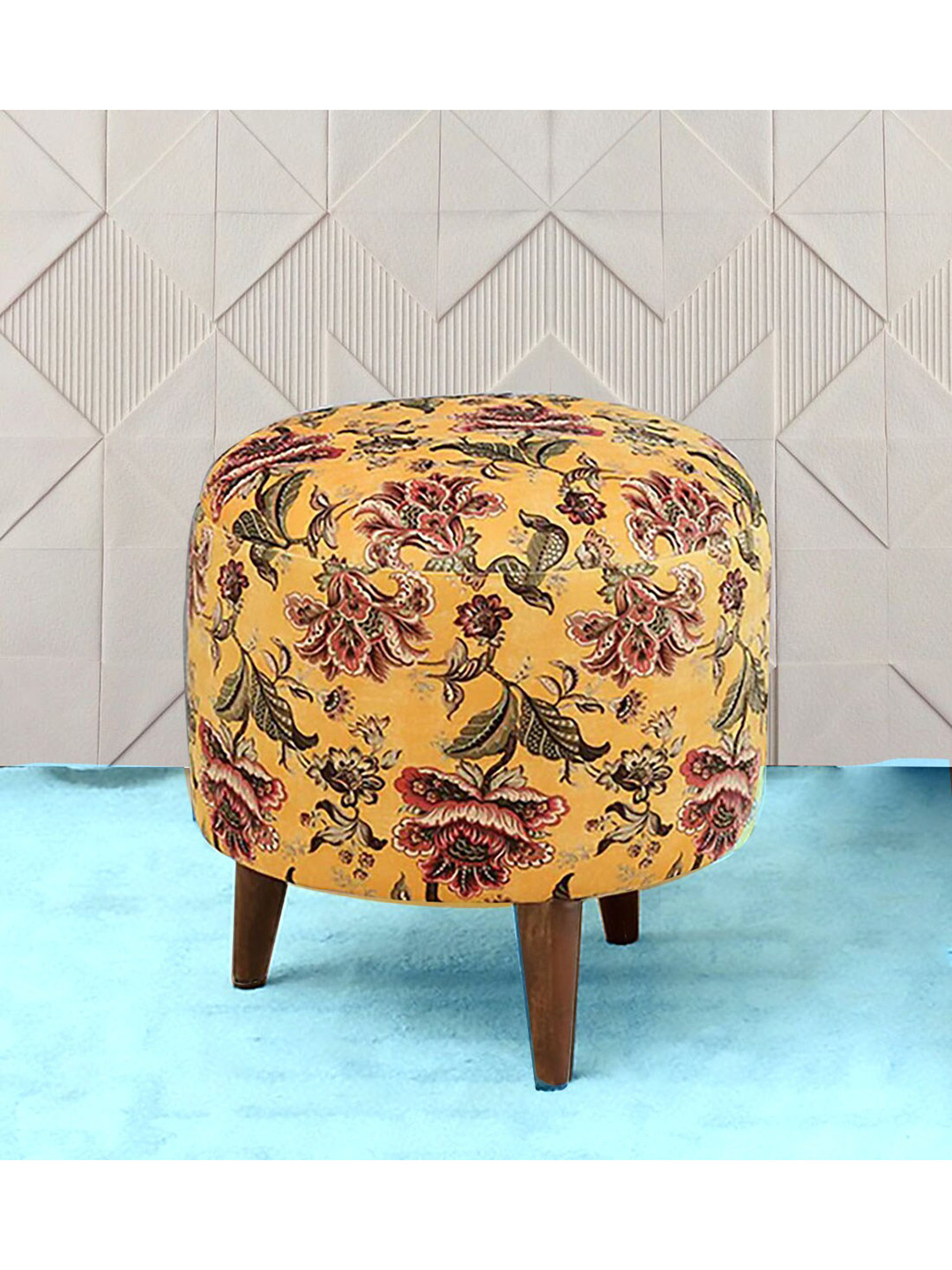 GLOBALLY INDIAN Yellow & Red Printed Wooden Ottoman