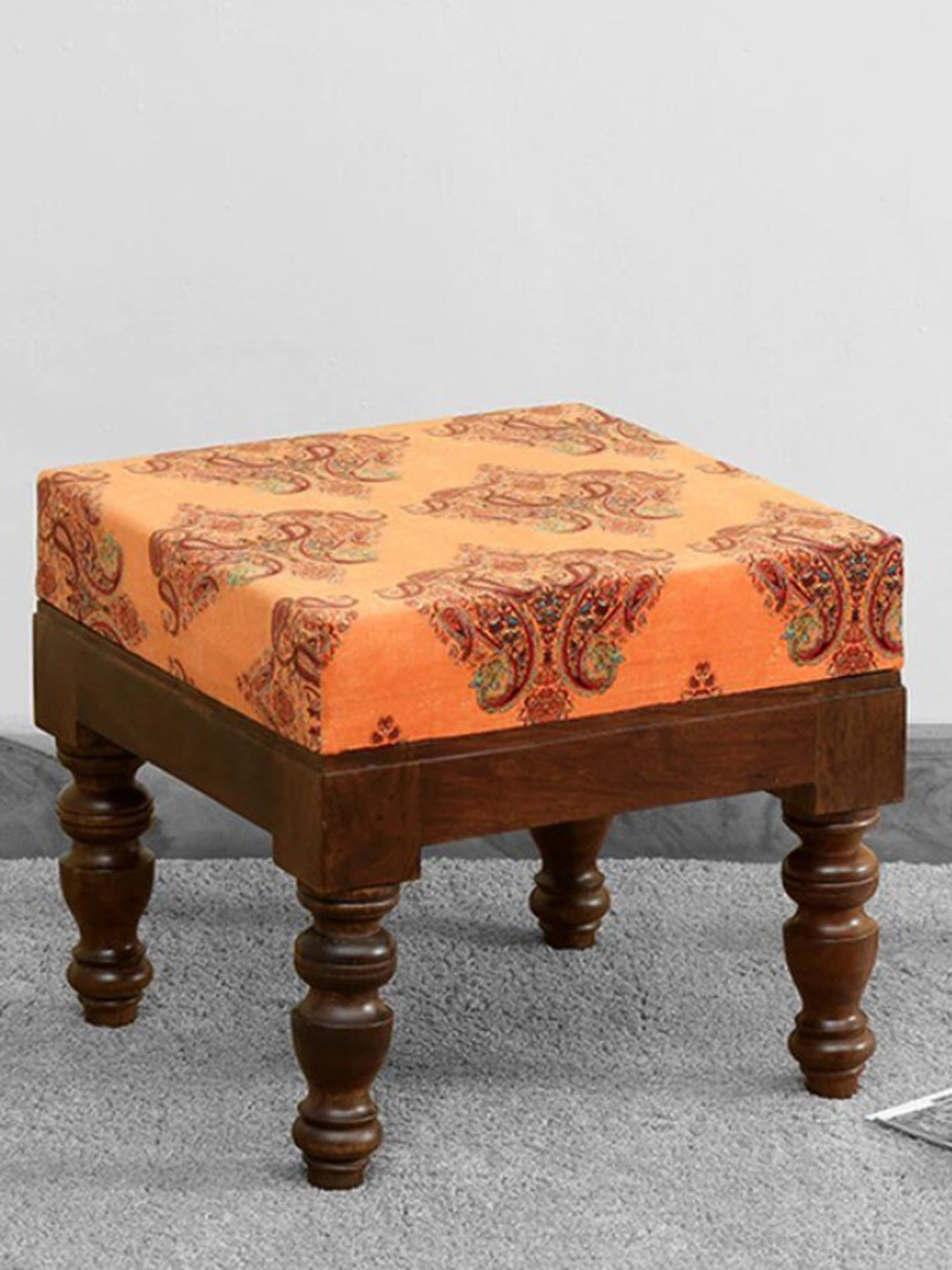 GLOBALLY INDIAN Orange Printed Wooden Square Ottoman