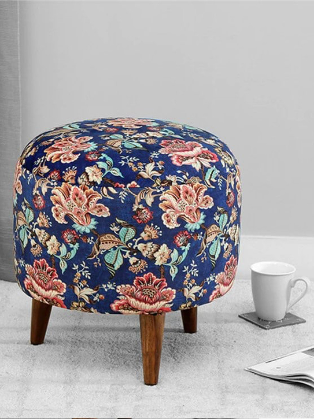 GLOBALLY INDIAN Navy Blue Floral Printed Round Ottoman In Sheesham Wood