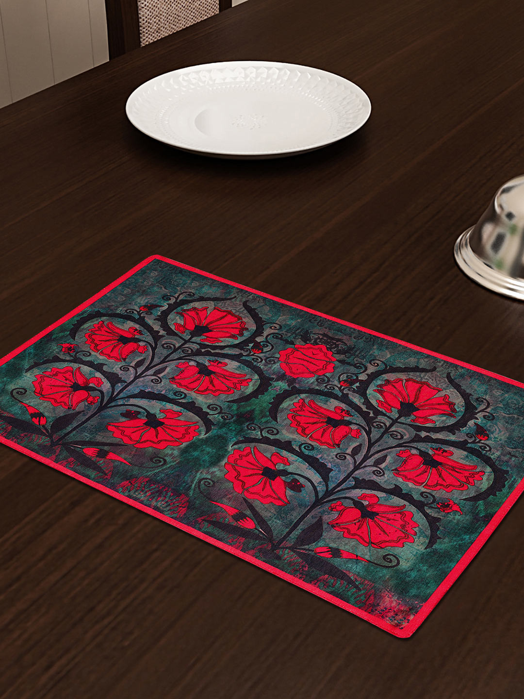 SEJ by Nisha Gupta Grey & Red Set of 6 Printed Table Placemats