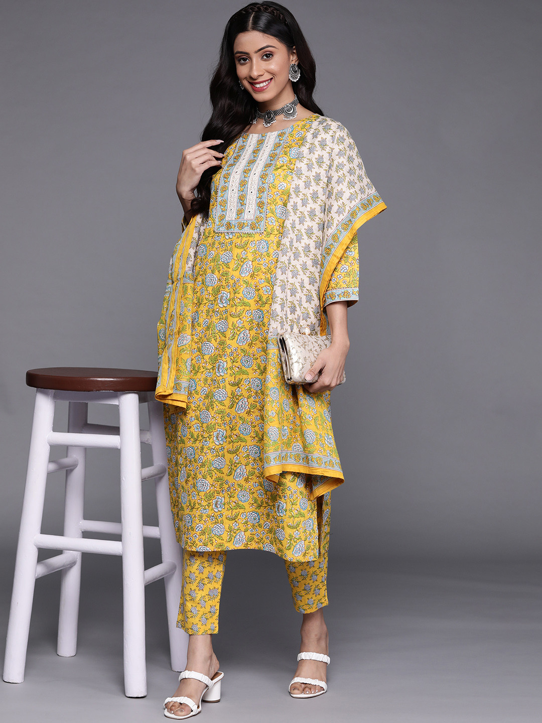 Varanga Women Yellow Floral Printed Pure Cotton Kurta with Trousers & With Dupatta