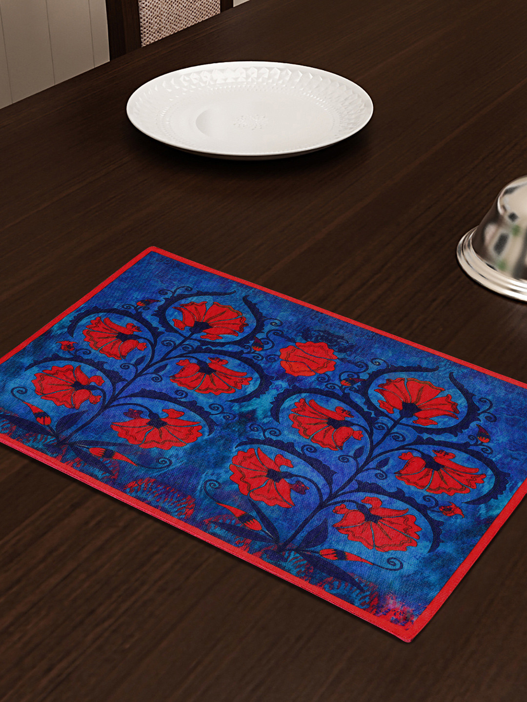SEJ by Nisha Gupta Blue & Red Set of 6 Printed Table Placemats