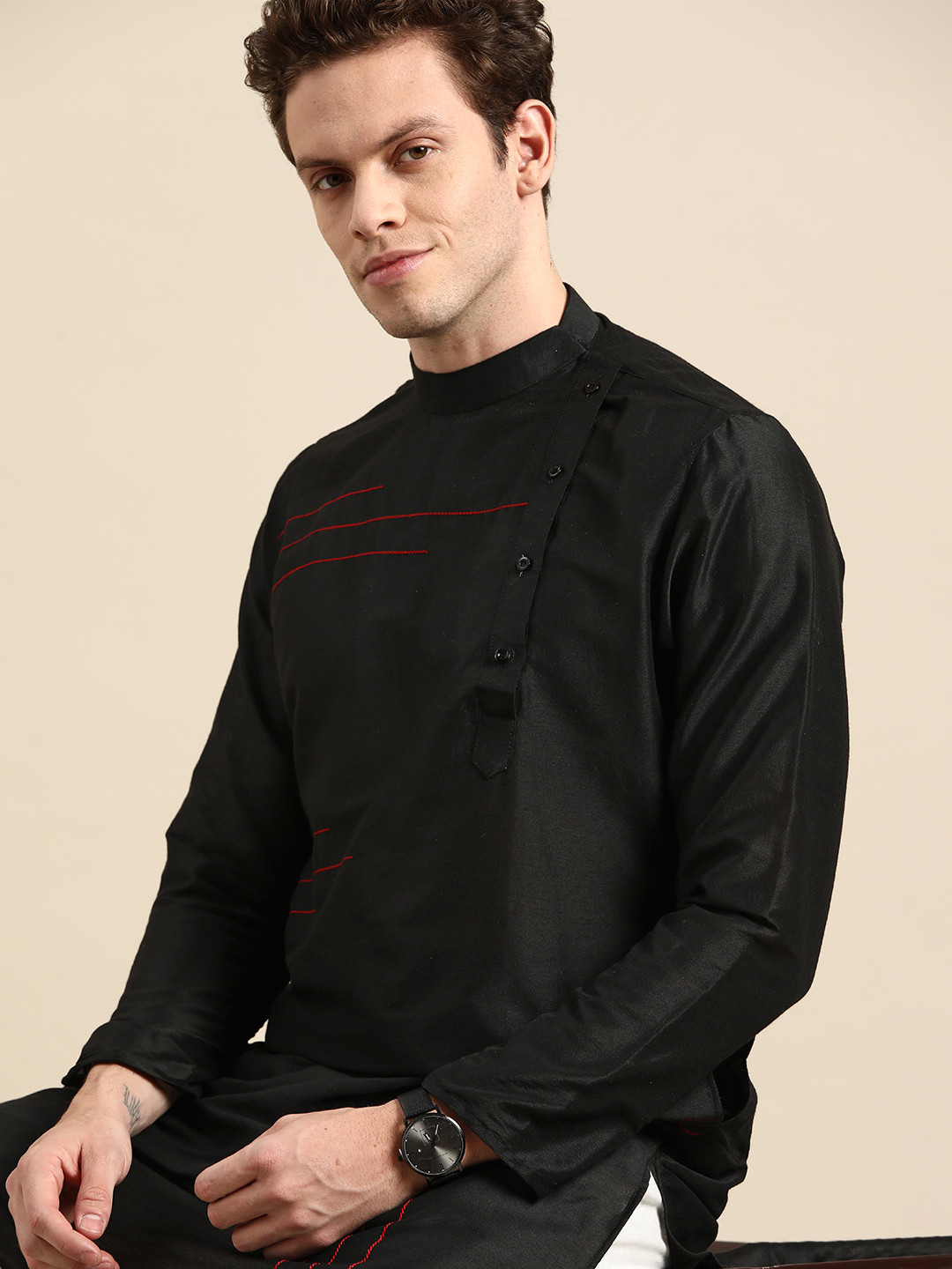 Anouk Men Black Embroidered Cotton Silk Kurta