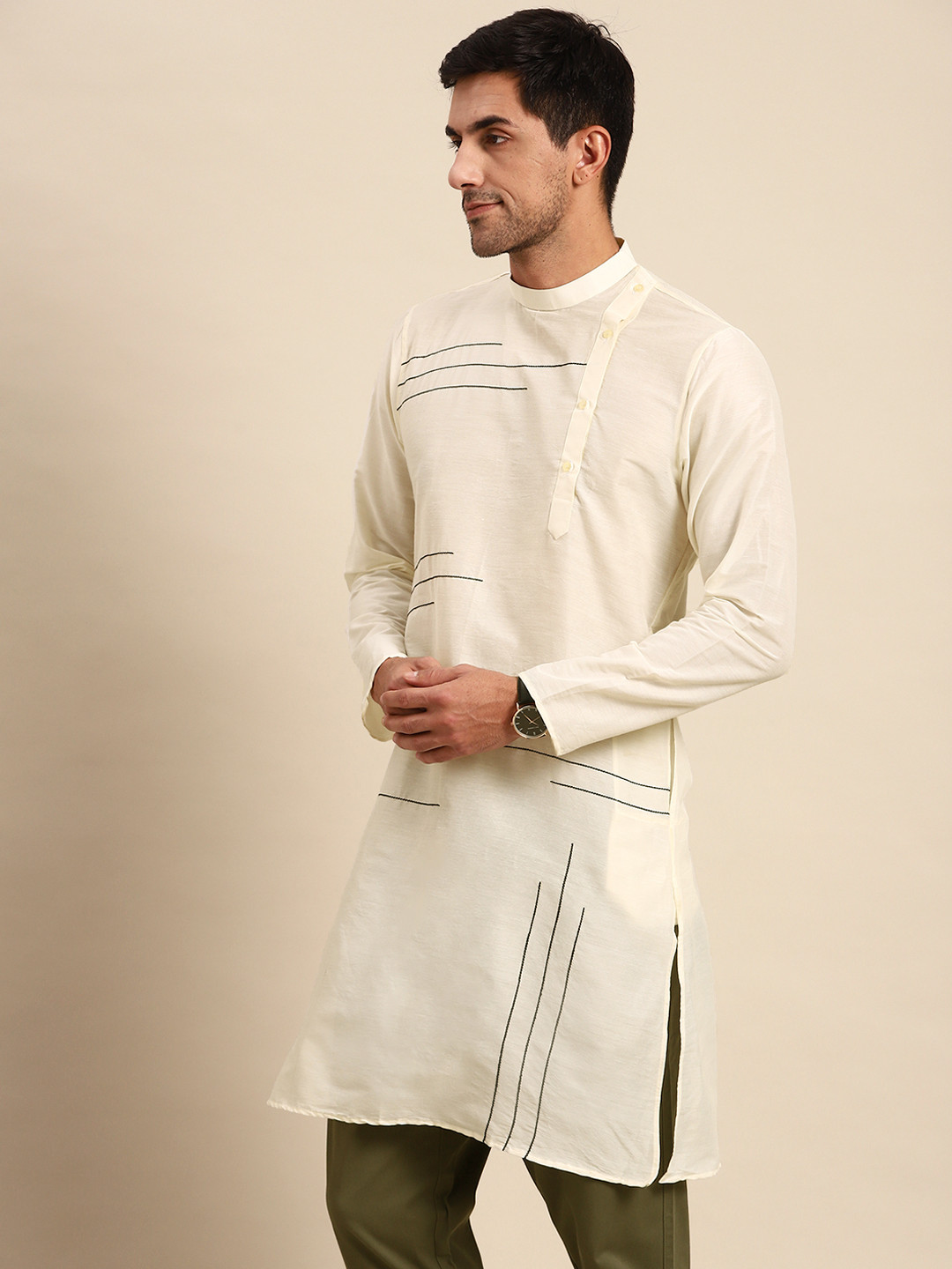 Anouk Men Off White Printed Kurta