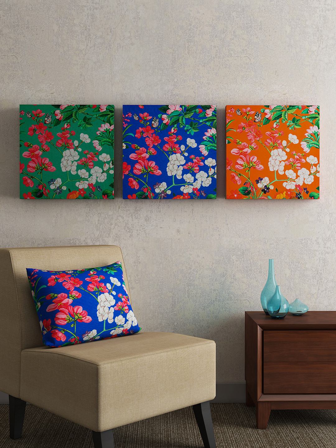SEJ by Nisha Gupta Blue & Green Set of 3 Floral Wall Art
