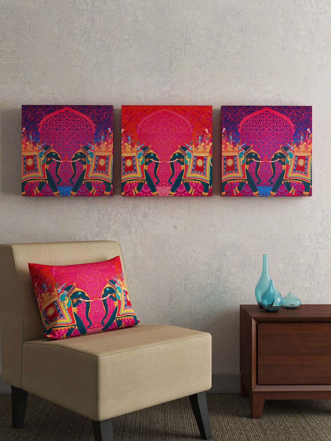 SEJ by Nisha Gupta Purple & Pink Set of 3 Folk Framed Wall Paintings