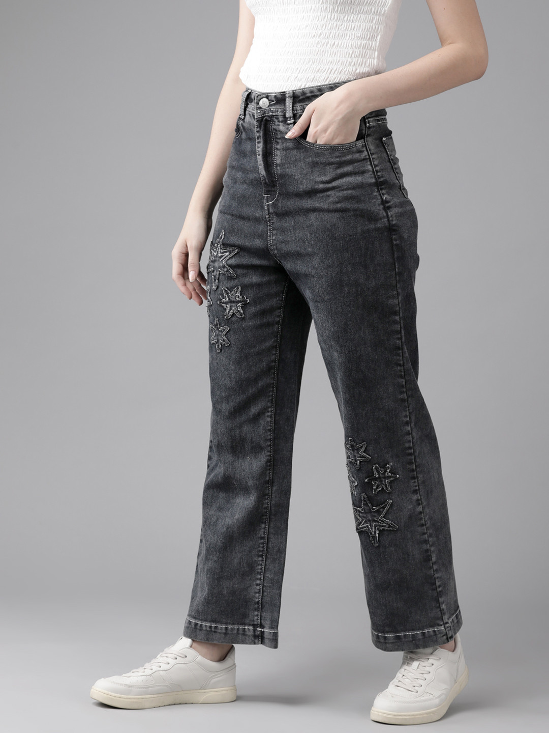 KASSUALLY Women Charcoal Wide Leg High-Rise Embroidered Stretchable Jeans