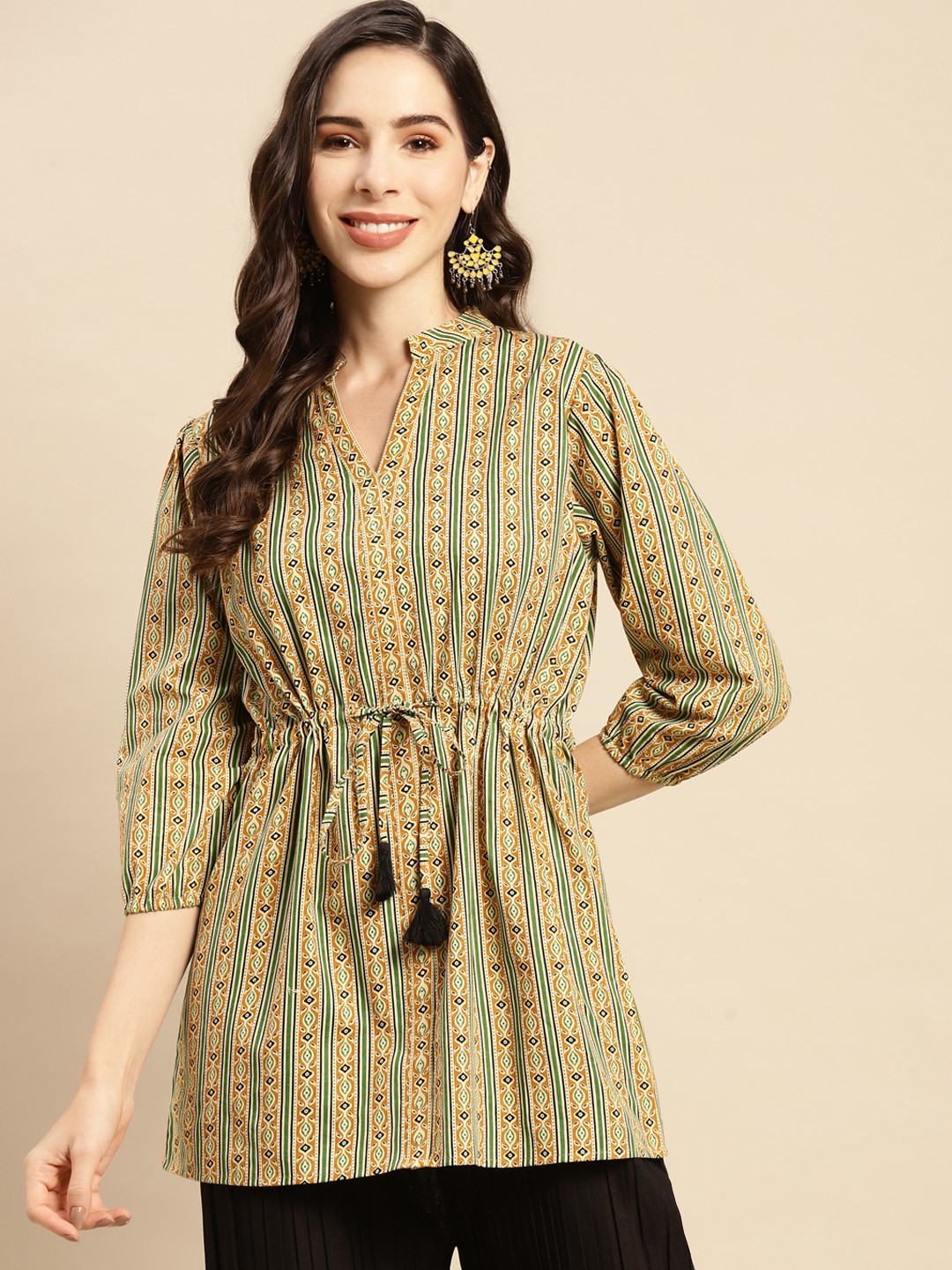 Prakrti Green & Mustard Yellow Striped Pure Cotton Pleated Kurti