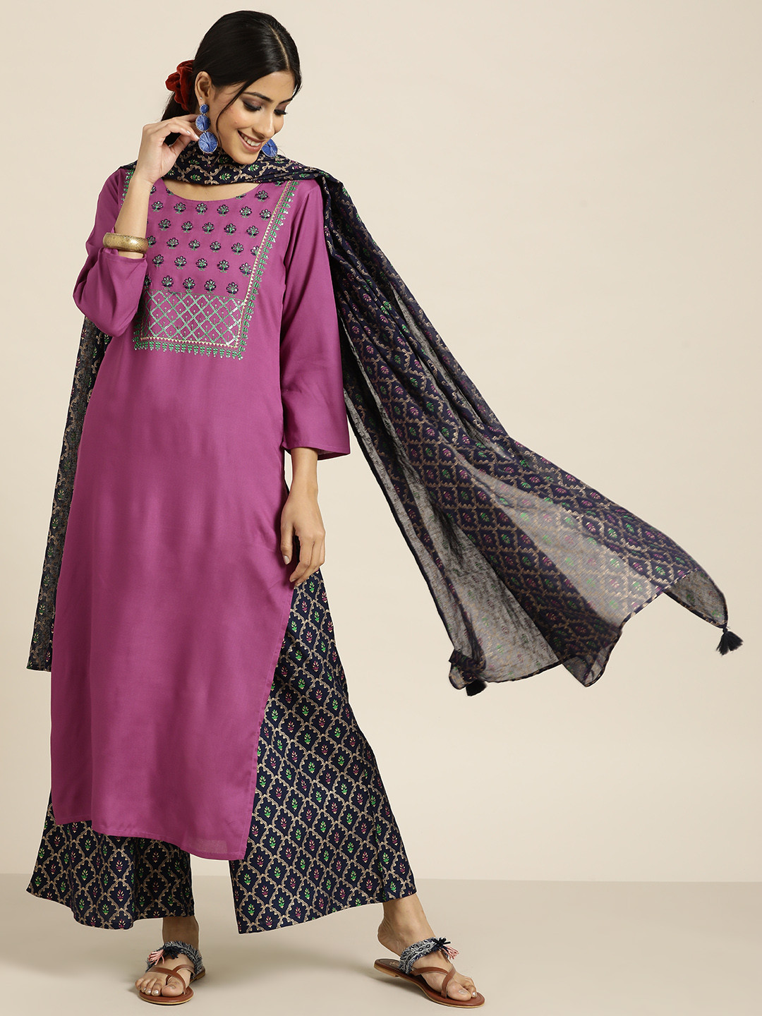 Sangria Women Purple Yoke Design Sequinned Pure Cotton Kurti with Palazzos & With Dupatta