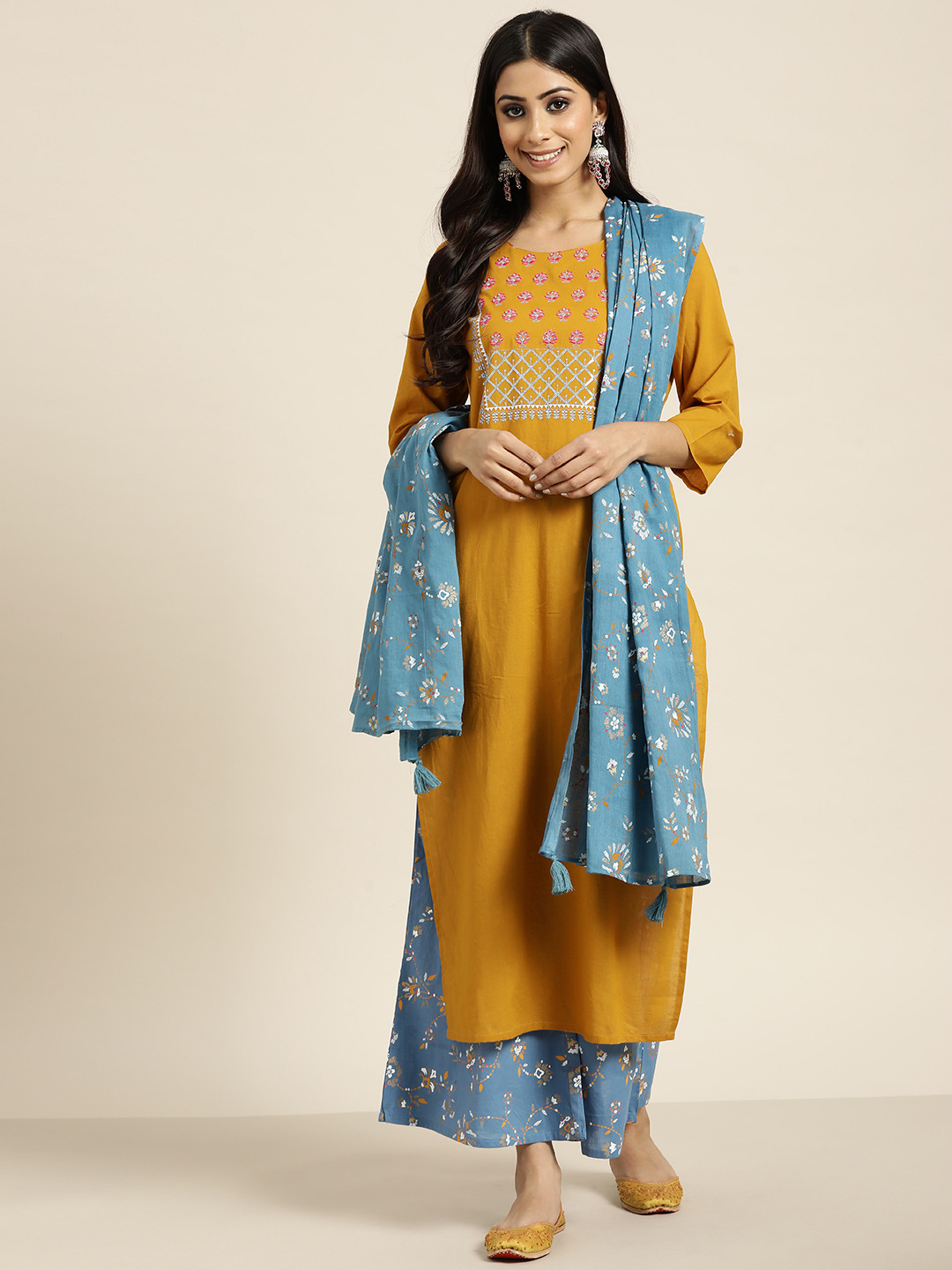 Sangria Women Mustard YellowYoke Design Mirror Work Cotton Kurta with Palazzos & Dupatta