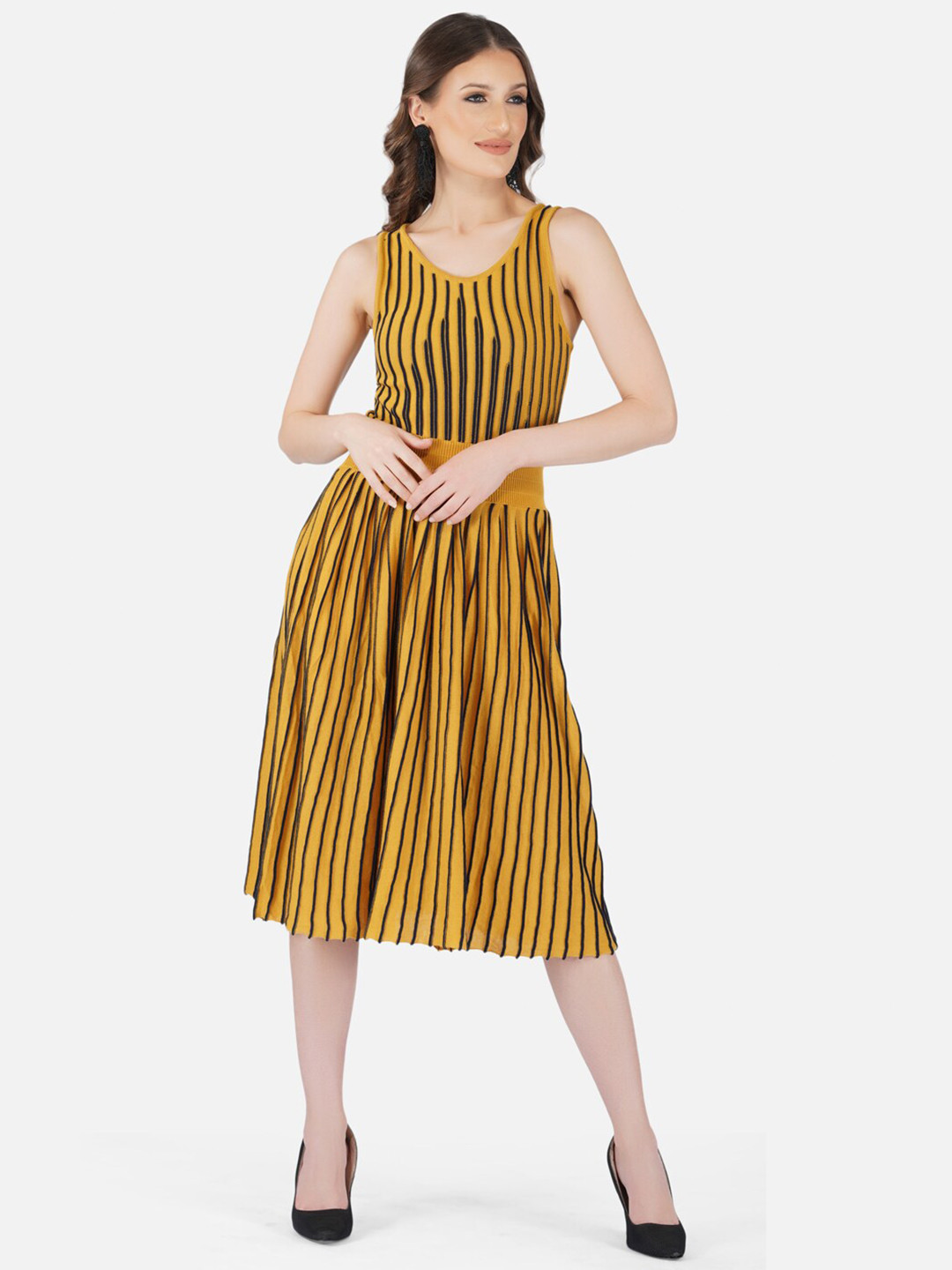 JoE Hazel Mustard Yellow & Black Striped Cotton Midi Dress