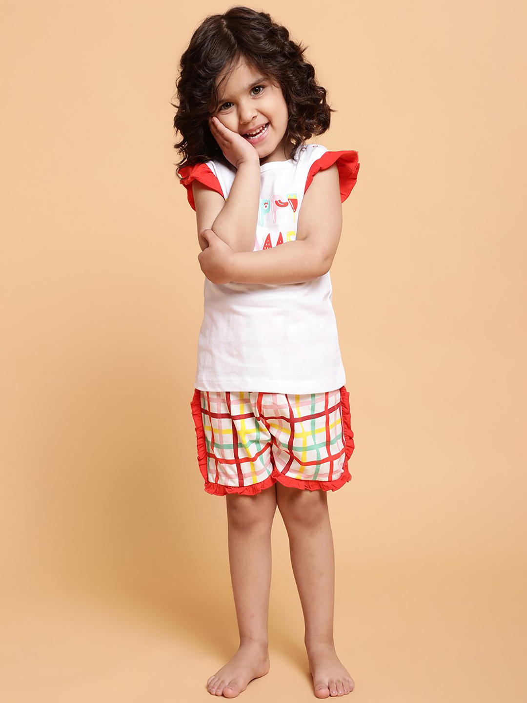 MiArcus Girls Red & White Printed T-shirt with Shorts