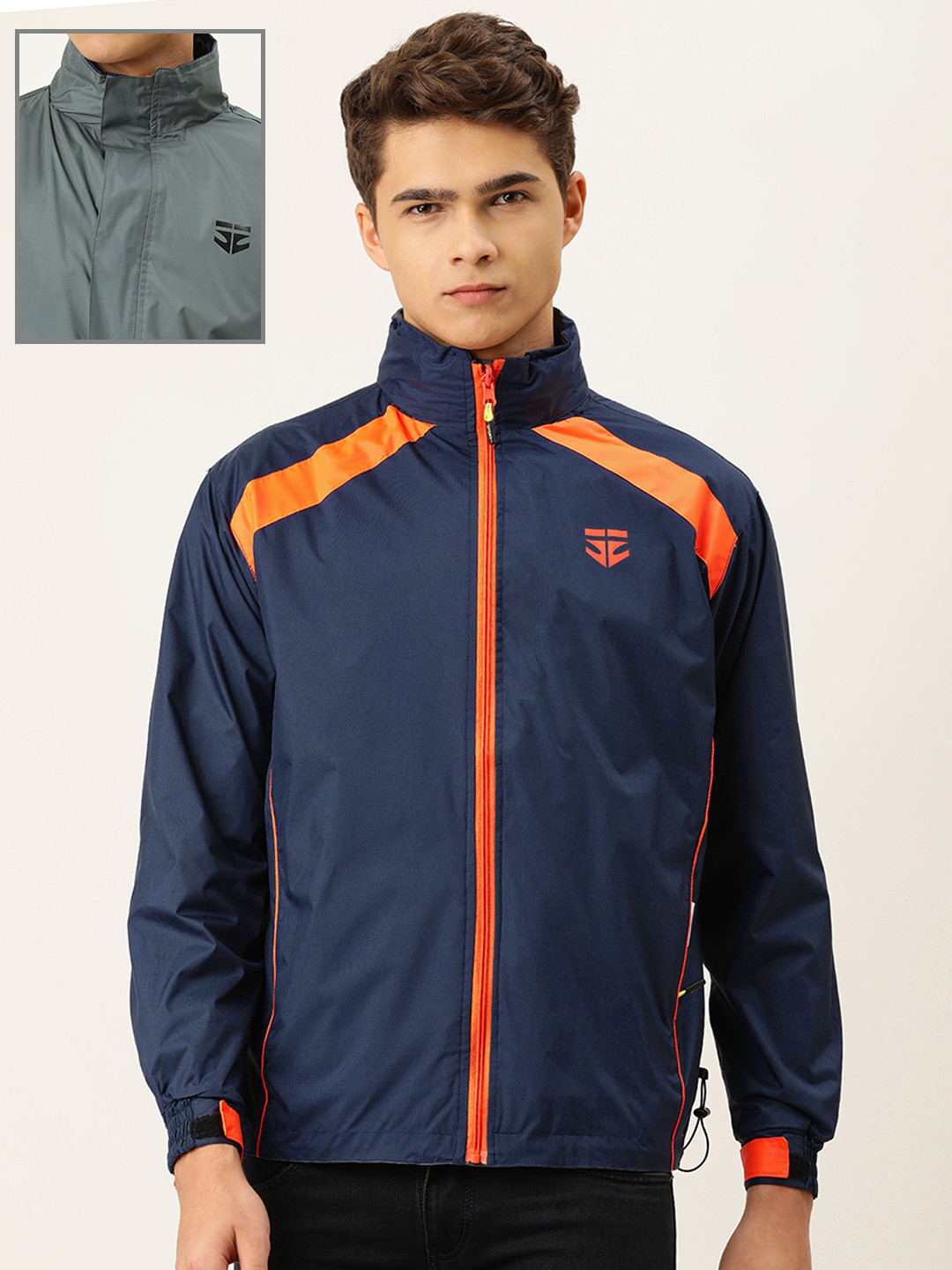 Sports52 wear Men Navy Blue & Grey Reversible Rain Jacket with Detachable Hood