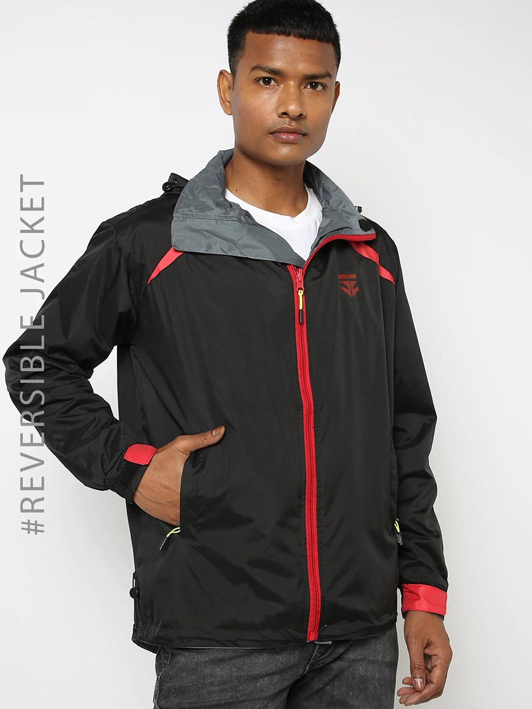 Sports52 wear Men Grey Black Reversible Hooded Rain Jacket