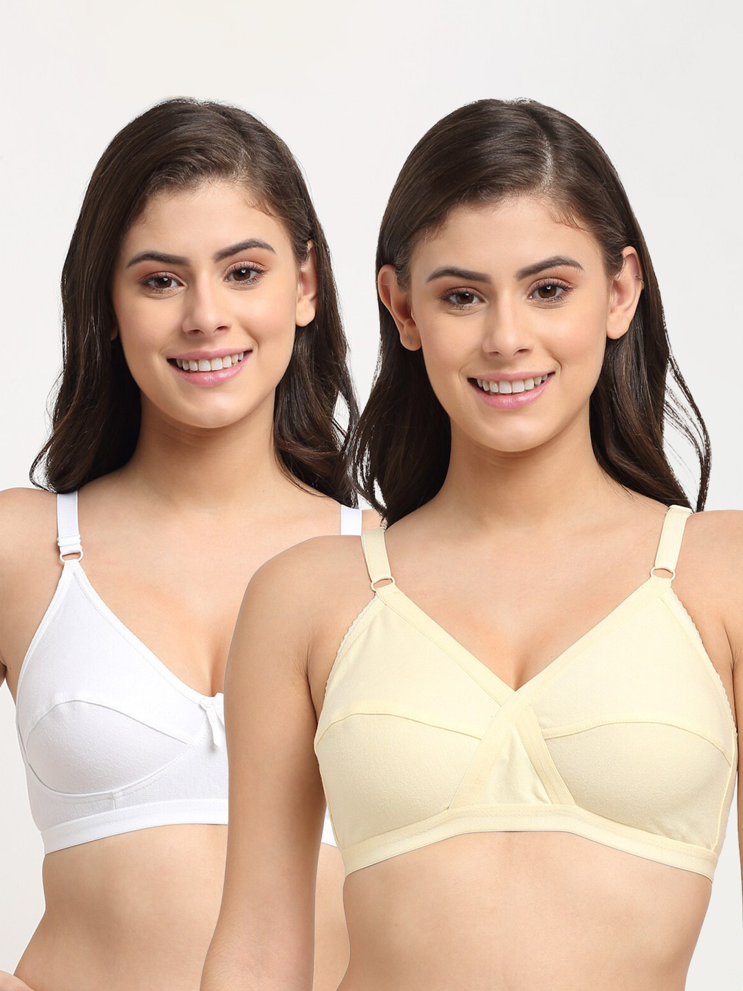 Friskers Set Of 2 Beige & White Non Padded & Non Wired Solid Bra