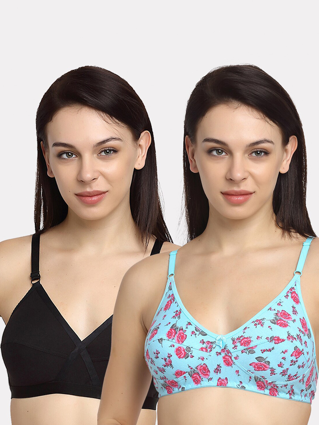 Friskers Black & Turquoise Blue Pack of 2 Non-Padded Cotton Bra