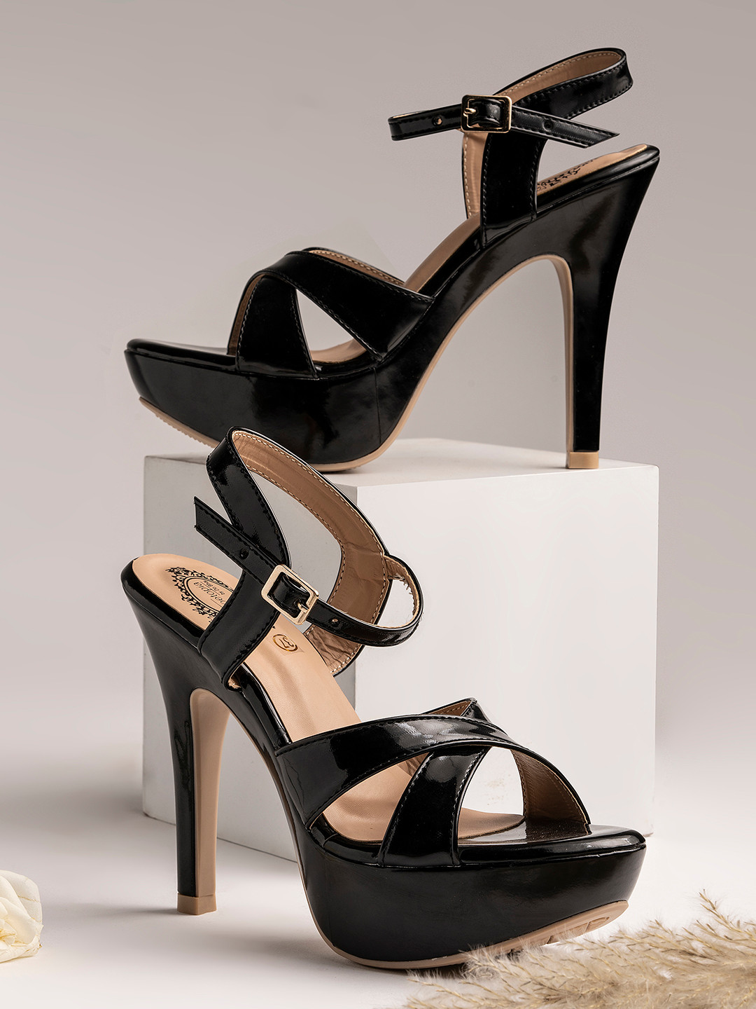 Shoetopia Black Stiletto Heels with Buckles