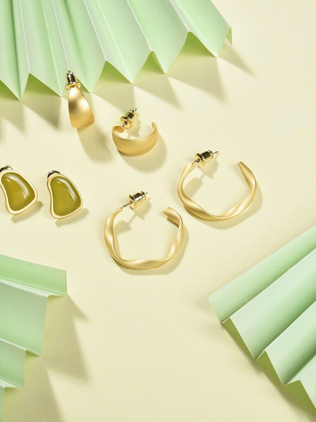 SOHI Gold-Toned & Olive Green Contemporary Half Hoop Earrings Pack Of 3