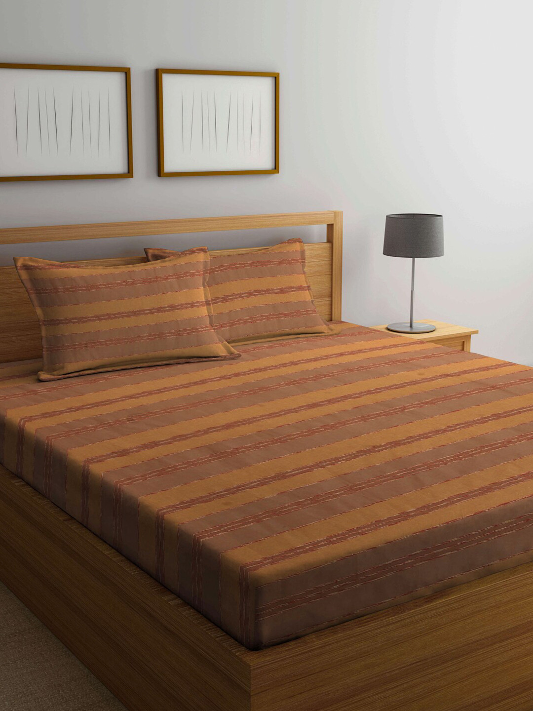 Arrabi Brown Striped Cotton 300 TC King Fine Bedsheet with 2 Pillow Covers-260 x 250 cm