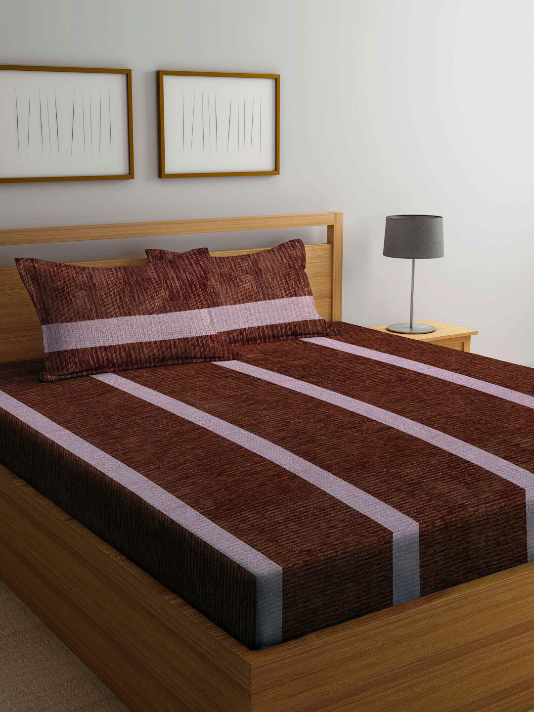 Arrabi Brown Striped Cotton Shrink Resistant 300 TC King Fine Bedsheet with 2 Pillow Covers-98 x 106 inches