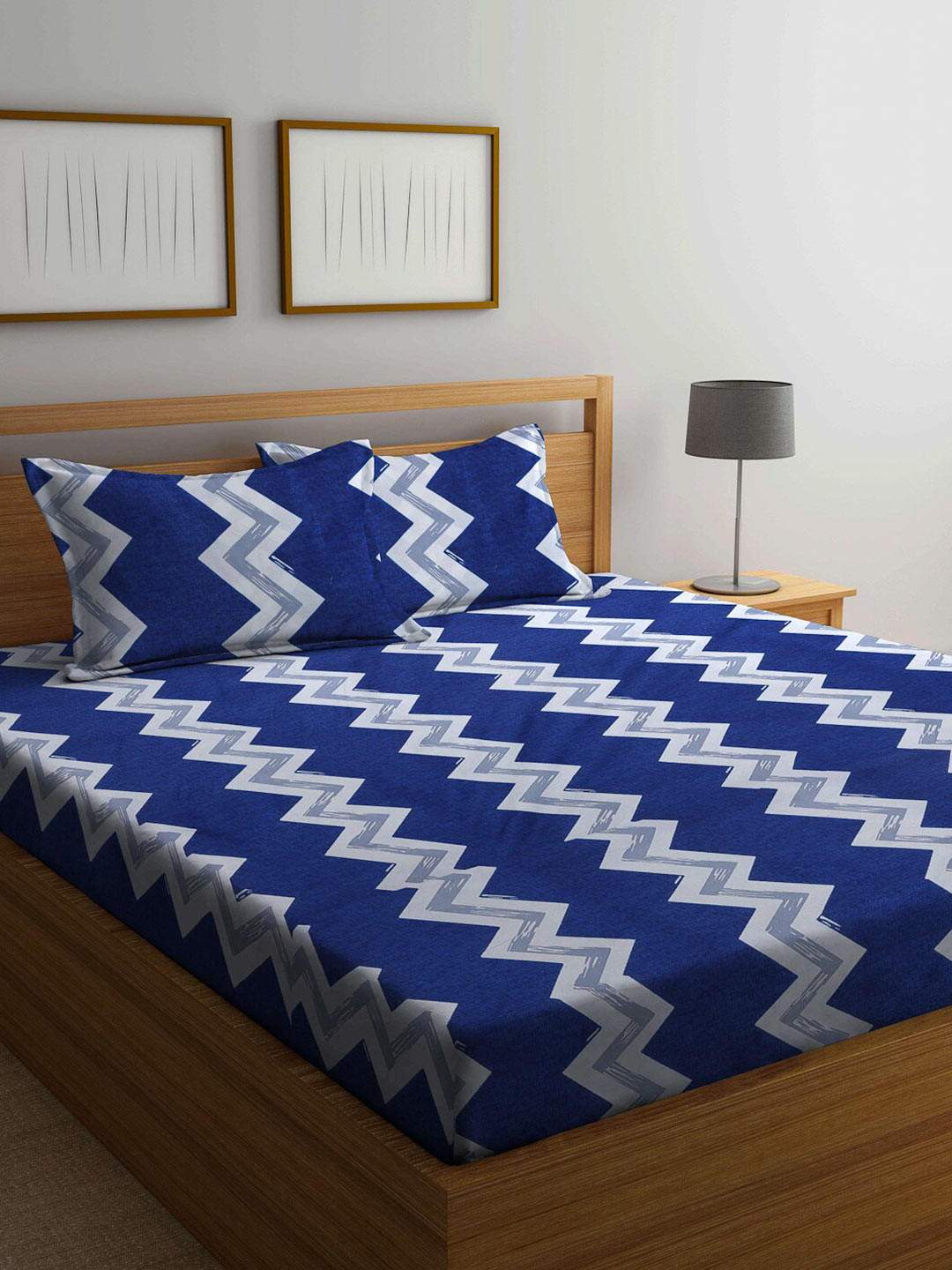 Arrabi Blue Chevron Polycotton 300 TC King Fine Bedsheet with 2 Pillow Covers-98 x 89 inches