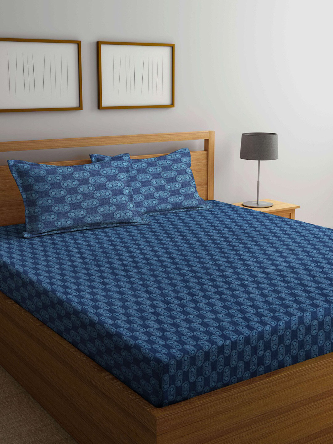 Arrabi Satrangi Hawa Mahal With Camel Blue Geometric Cotton 300 TC King Fine Bedsheet with 2 Pillow Covers-98 x 106 inches