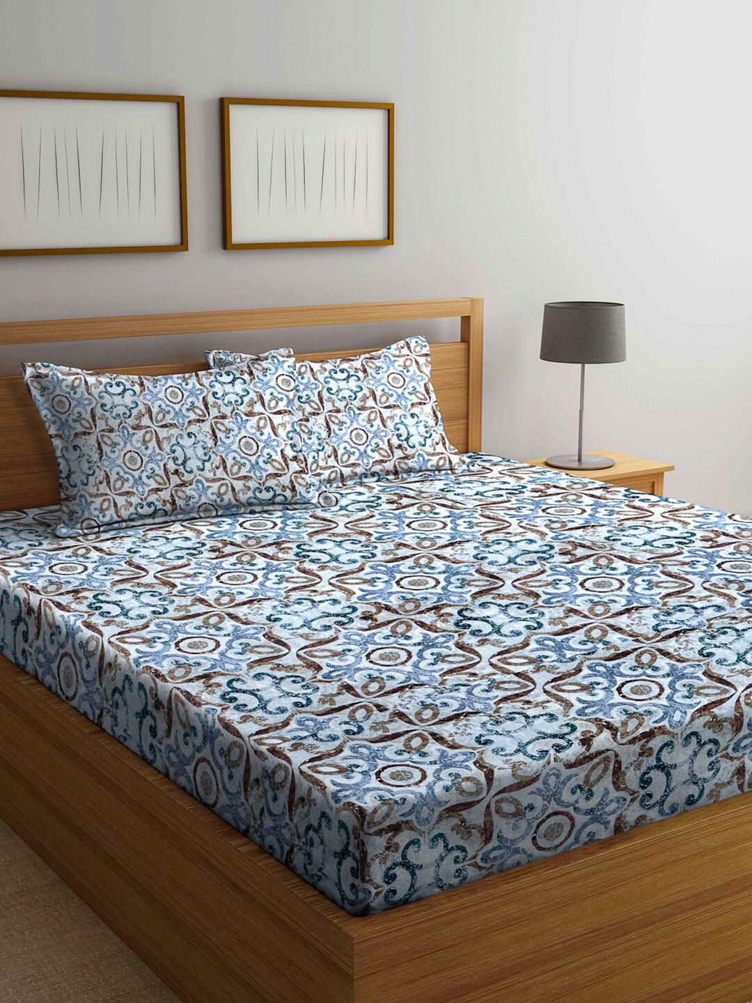 Arrabi Blue Ethnic Motifs Polycotton 300 TC King Fine Bedsheet with 2 Pillow Covers-98 x 91 inches