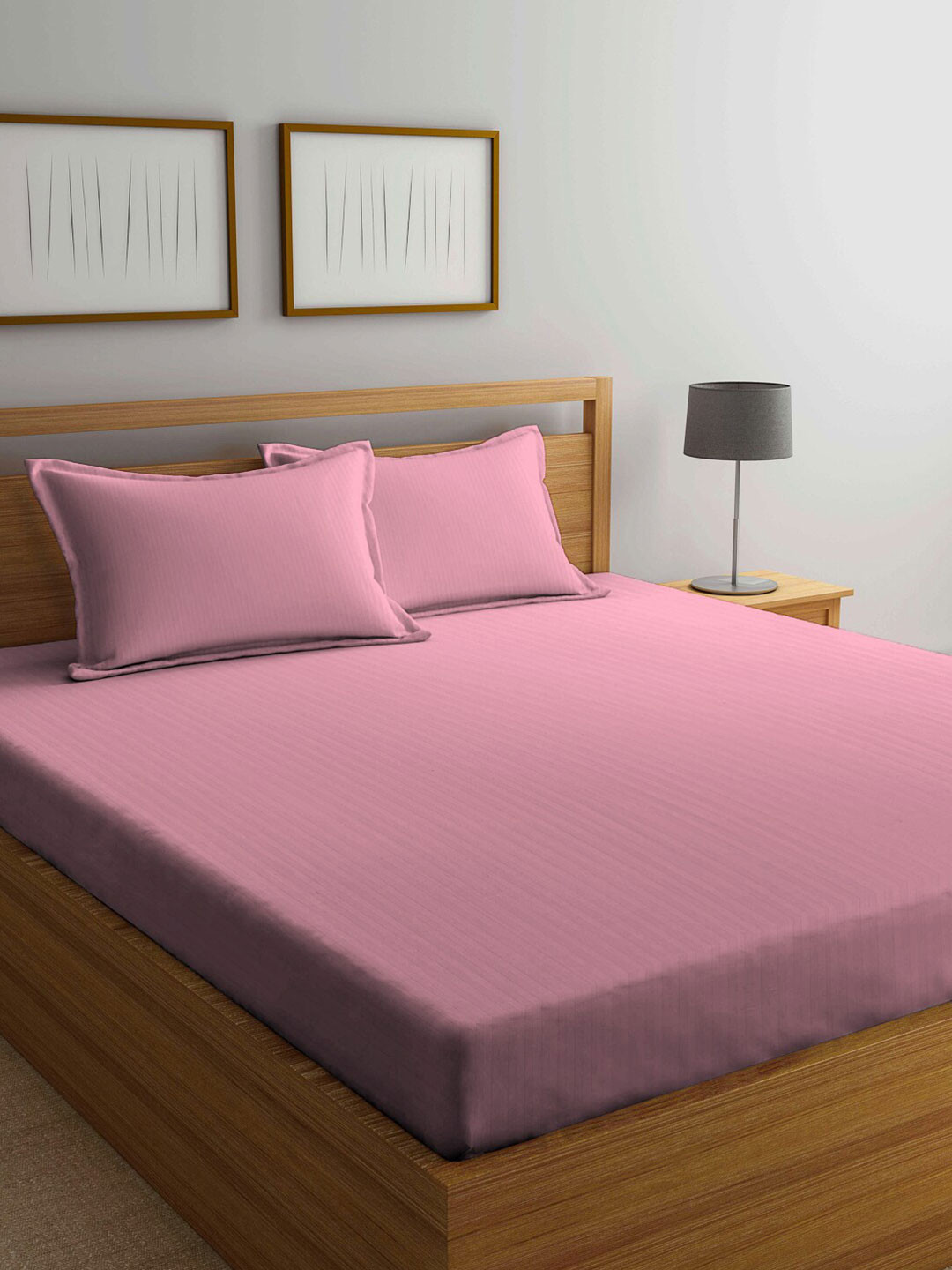 Arrabi Pink Striped Cotton 300 TC King Fine Bedsheet with 2 Pillow Covers-250 x 220 cm