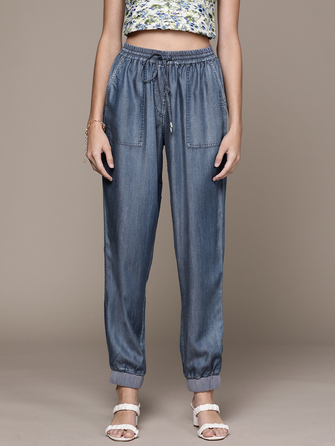 Label Ritu Kumar Women Navy Blue Solid Denim Joggers