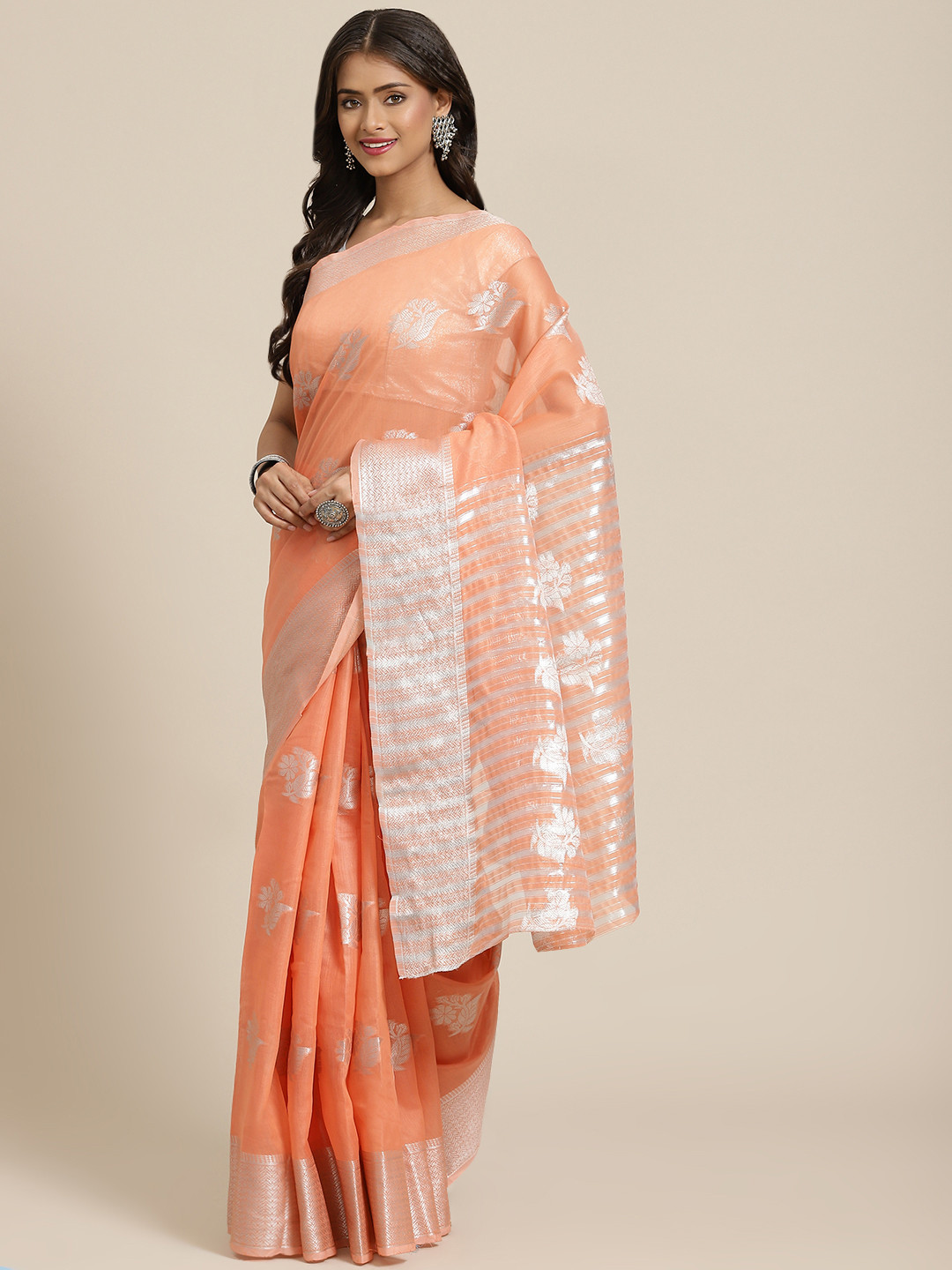 Mitera Peach-Coloured & Silver-Toned Ethnic Motifs Zari Linen Blend Block Print Saree